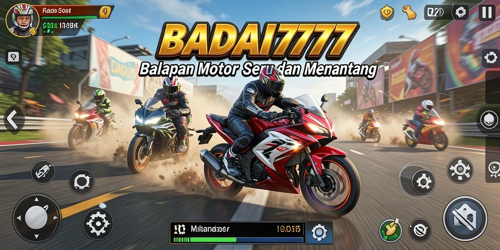 Tampilan gameplay BADAI777 yang penuh aksi balapan motor.