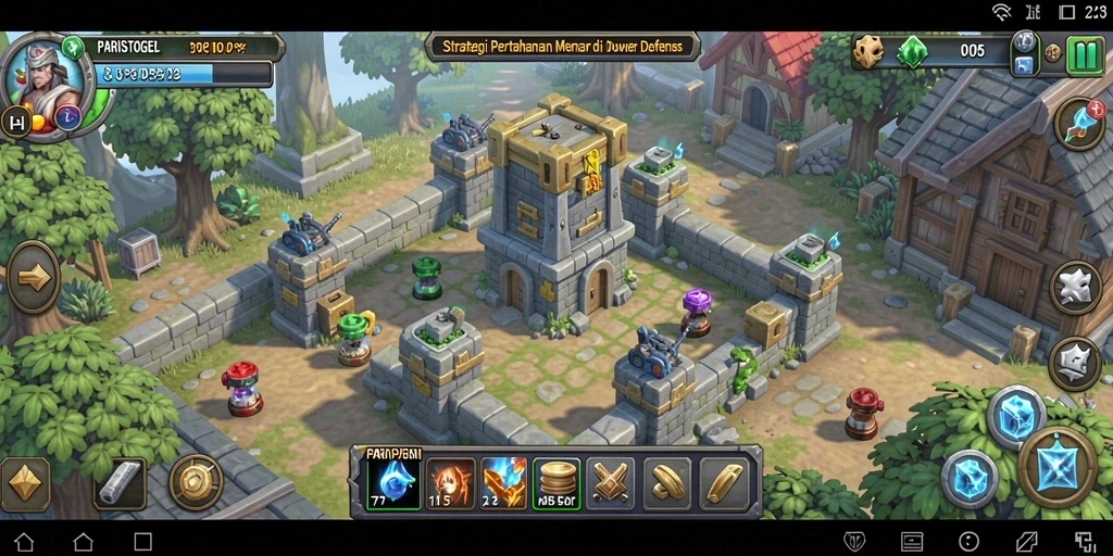 Screenshot gameplay PARISTOGEL menunjukkan menara yang sedang menyerang musuh.