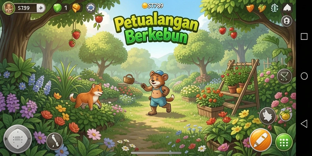 Tangkapan layar ST789 menampilkan kebun yang penuh warna dengan berbagai tanaman dan hewan.