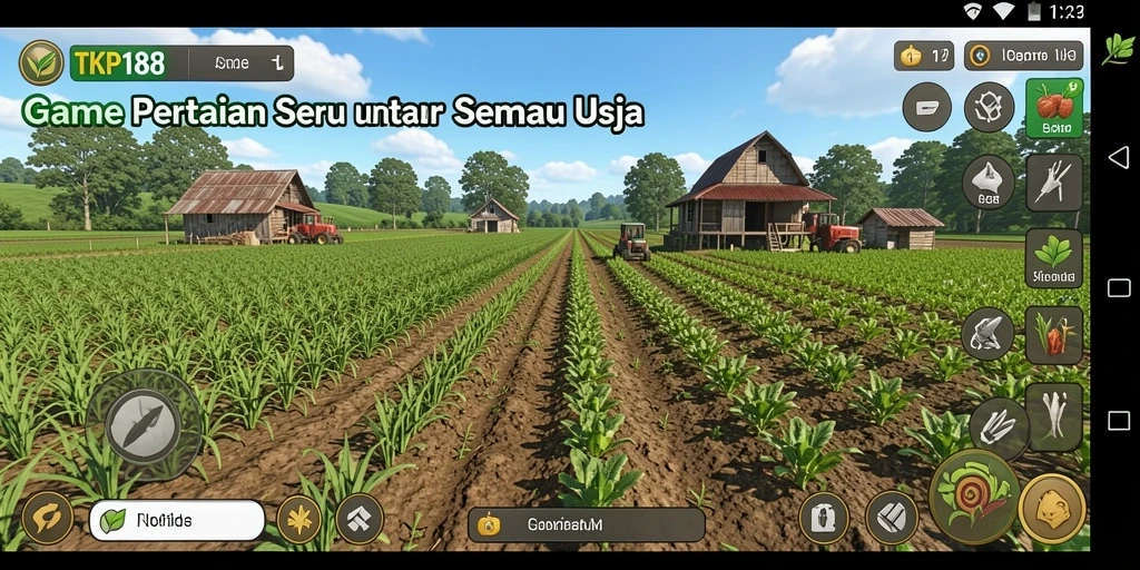 Tangkapan layar gameplay TKP188 dengan suasana pertanian yang indah.
